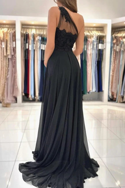 Weitese Dress Designer Long Black Evening Dresses One Shoulder Lace Prom Dresses With Slit